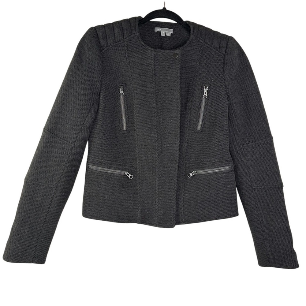 Vince Womans Wool Blend Boucle Moto Style Zip Accents Blazer Jacket SZ 10 Black